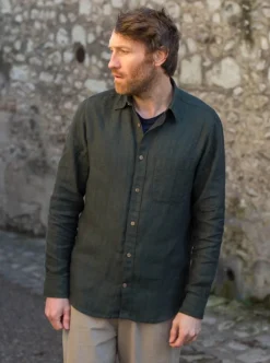Chemise lin chevrons vert forêt