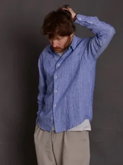 Chemise lin Malte bleu azure rayée