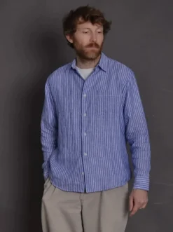 Chemise lin Malte bleu azure rayée